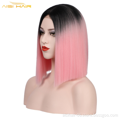 Aisi Wholesale Straight Bob Fiber Hair Wigs For Women Ombre Color Full Machine Made Wig Synthetic Hair Wig